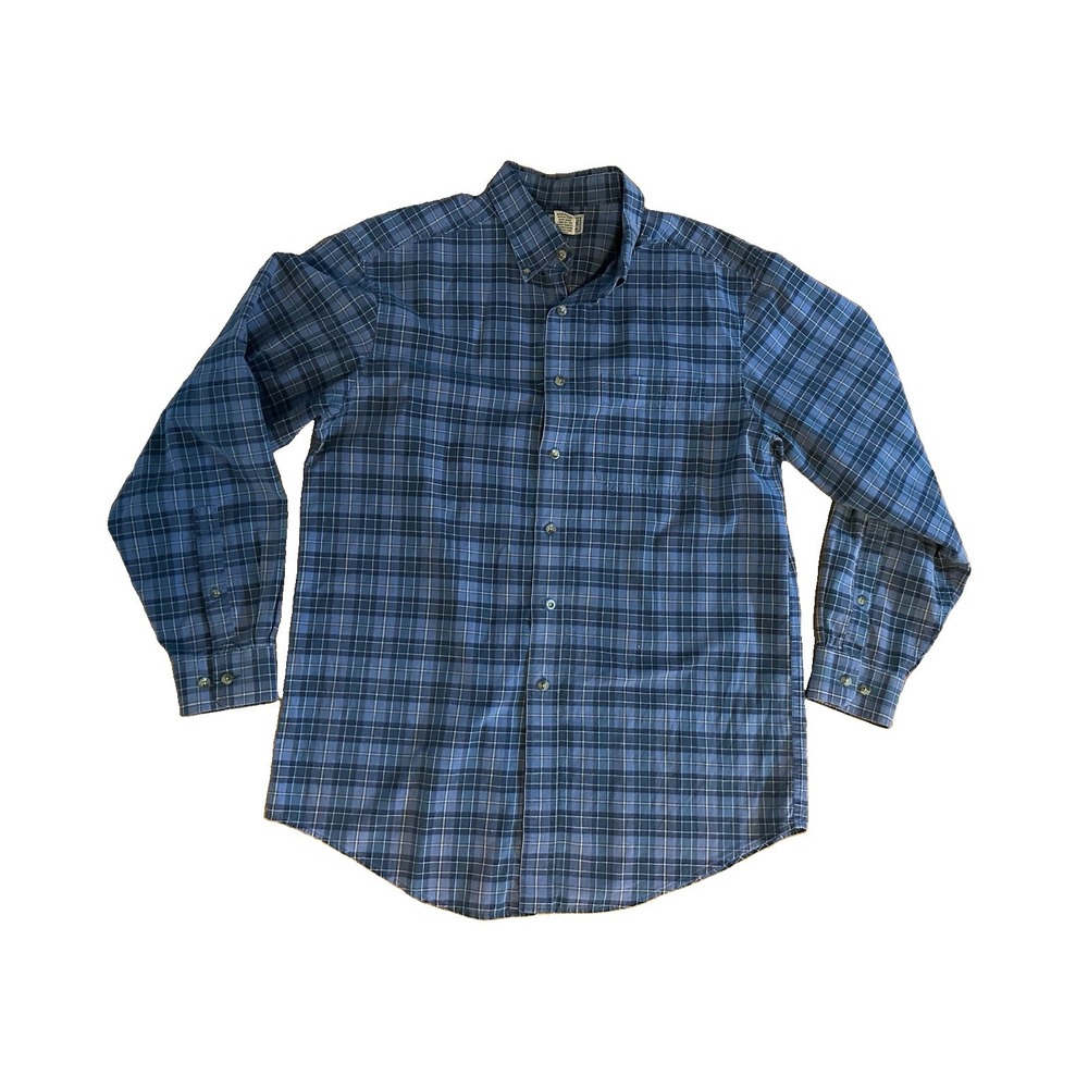 LL Bean Shirt Mens Medium Blue Plaid Button Down 100% Cotton Long Sleeve